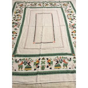 Vtg Parisian Prints Ceramics Dutch Folk Art Linen Tablecloth 48" x 60" GTub14